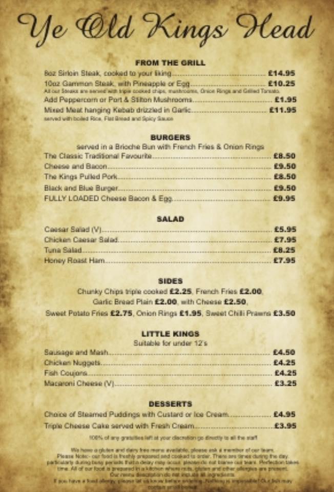Menu at Old Kings Head pub & bar, Macclesfield, Byrons La.