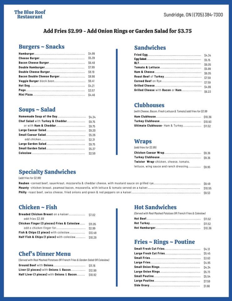 Menu at The Blue Roof Restaurant, Sundridge