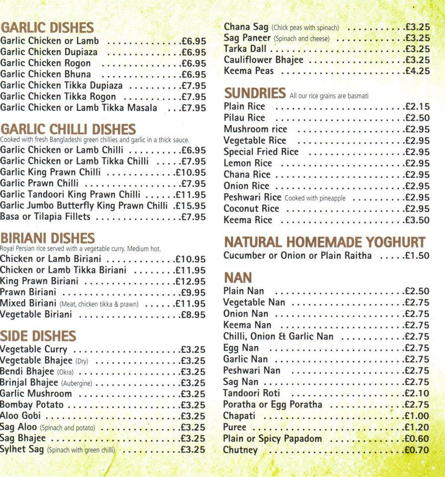 Menu at Sonar Bangla Tandoori restaurant, Cuffley