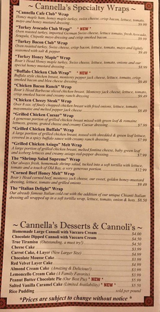 Menu at Cannella's Italian Deli restaurant, Perry Hall