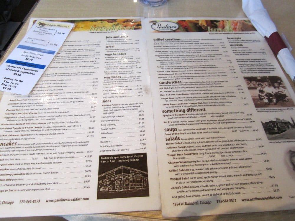 Menu at Pauline's restaurant, Chicago, W Balmoral Ave