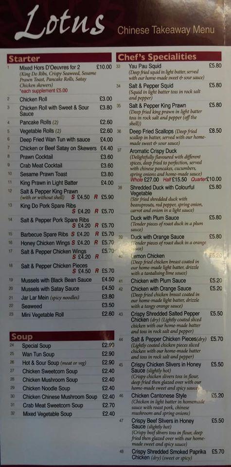 Menu at Lotus Chinese Takeaway, Rosneath