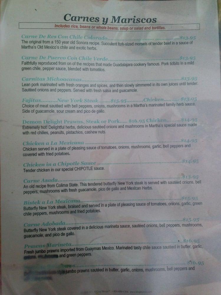 Menu at Martha's Old Mexico Restaurant, Sebastopol