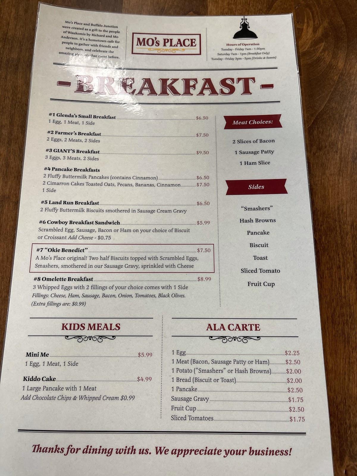 Menu at Mo's Place restaurant, Waukomis