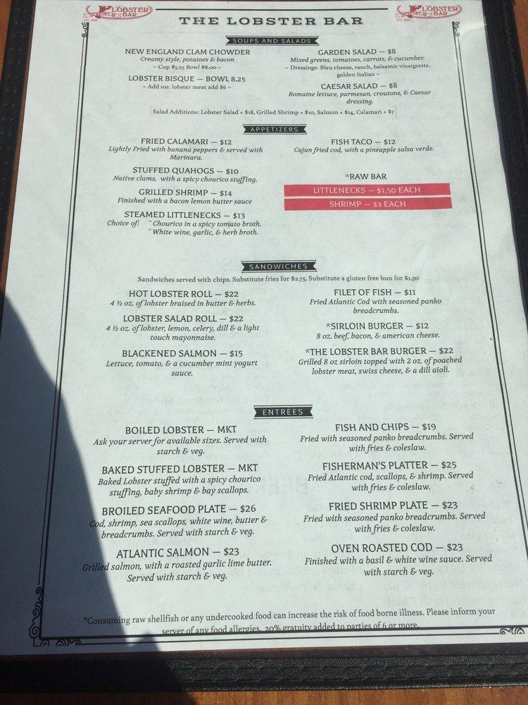 Menu at The Lobster Bar, Newport