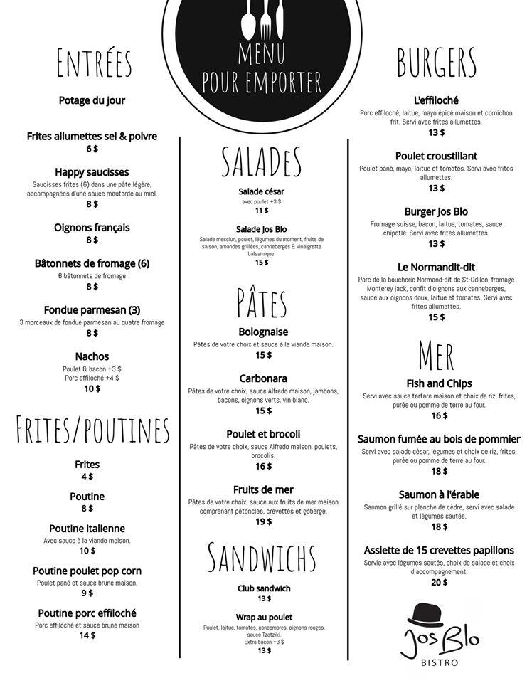 Menu au Restaurant Bistro Jos Blo, LacEtchemin