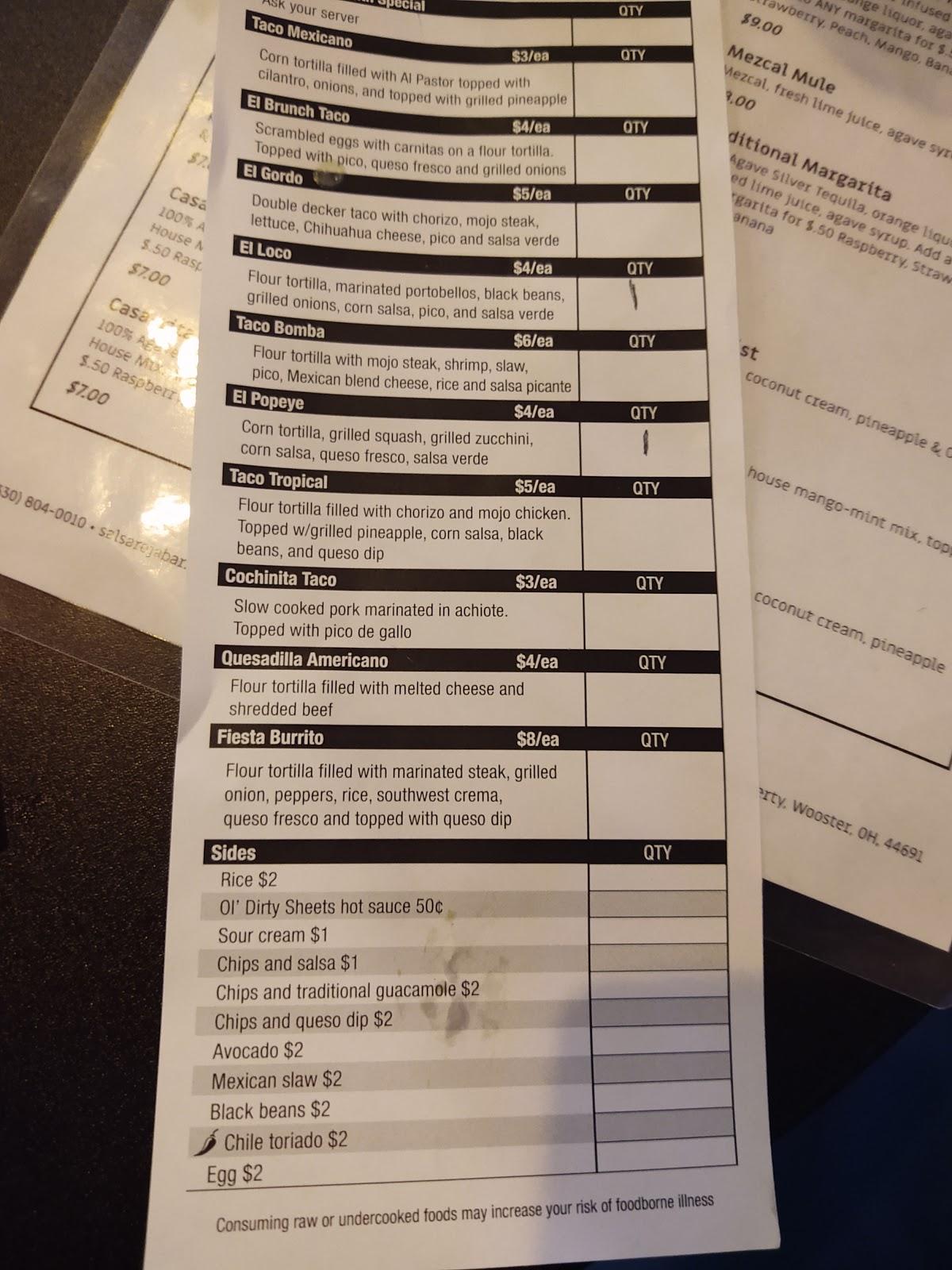 Menu at Salsaroja Bar and Grill, Wooster