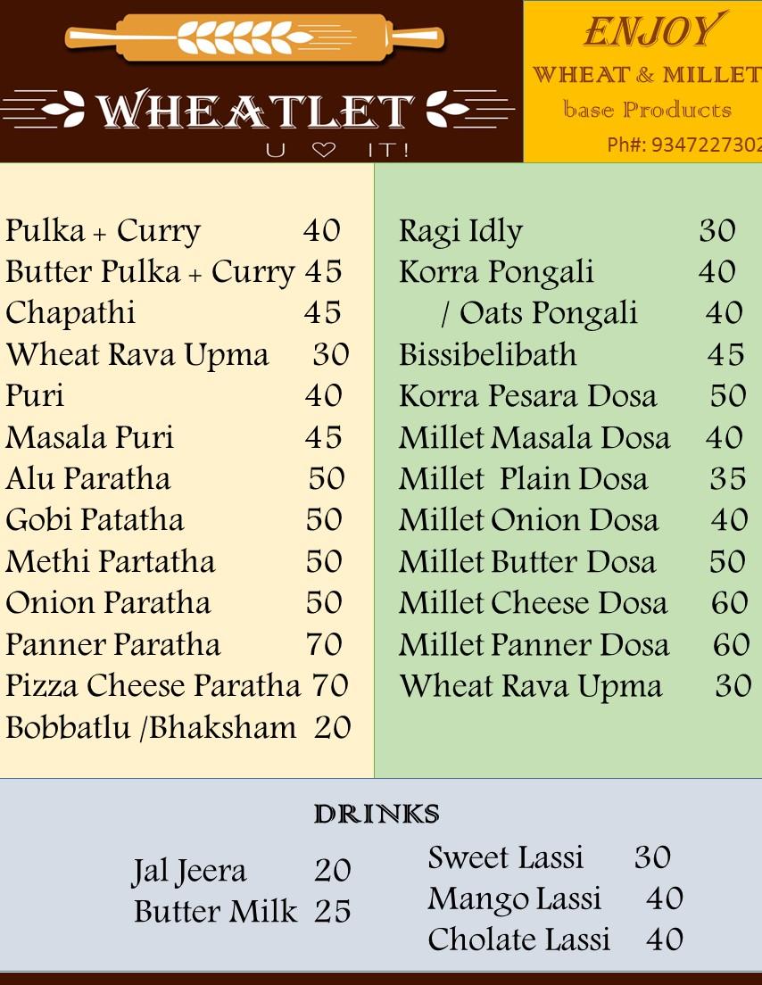 Menu at WHEATLET ( Wheat & Millets Tiffins), India