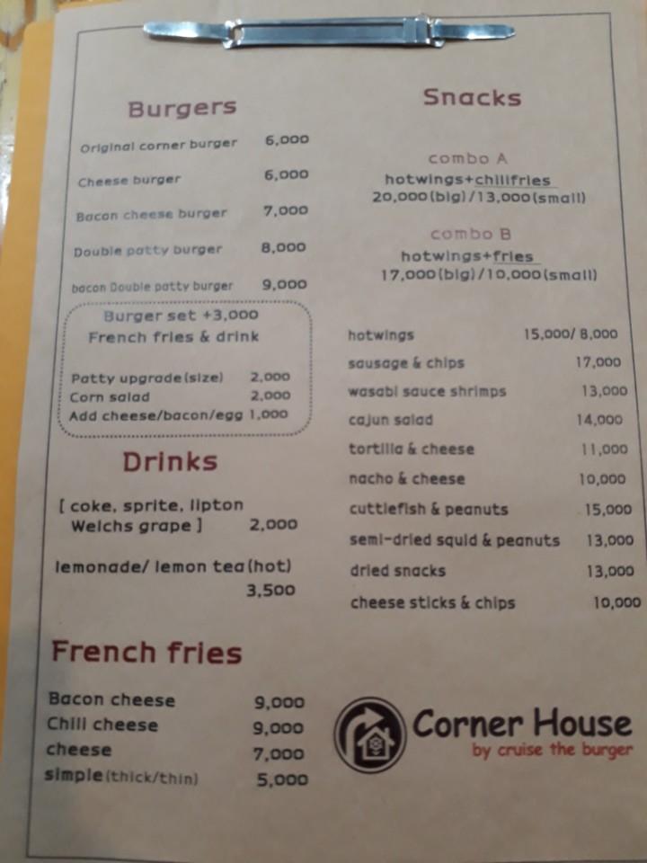 Menu at Corner House restaurant, Seoul