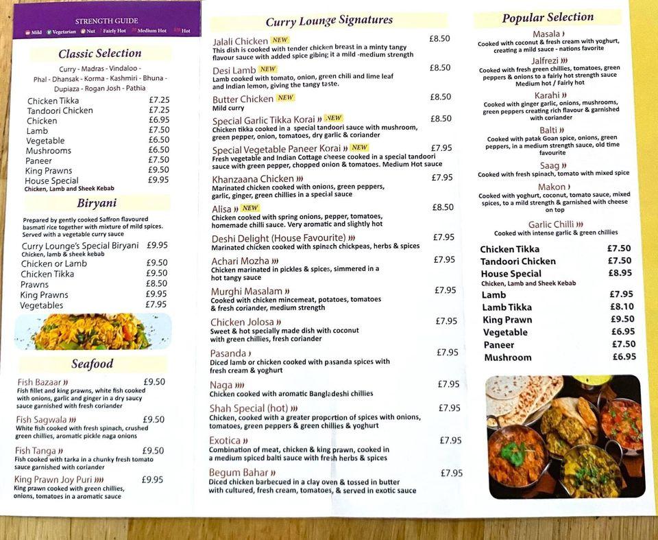 Menu at Curry Lounge restaurant, Alfreton
