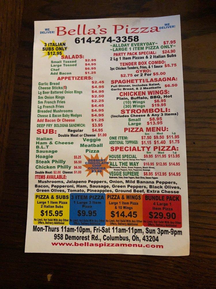 Menu at Bella's Pizza pizzeria, Columbus, Sullivant Ave