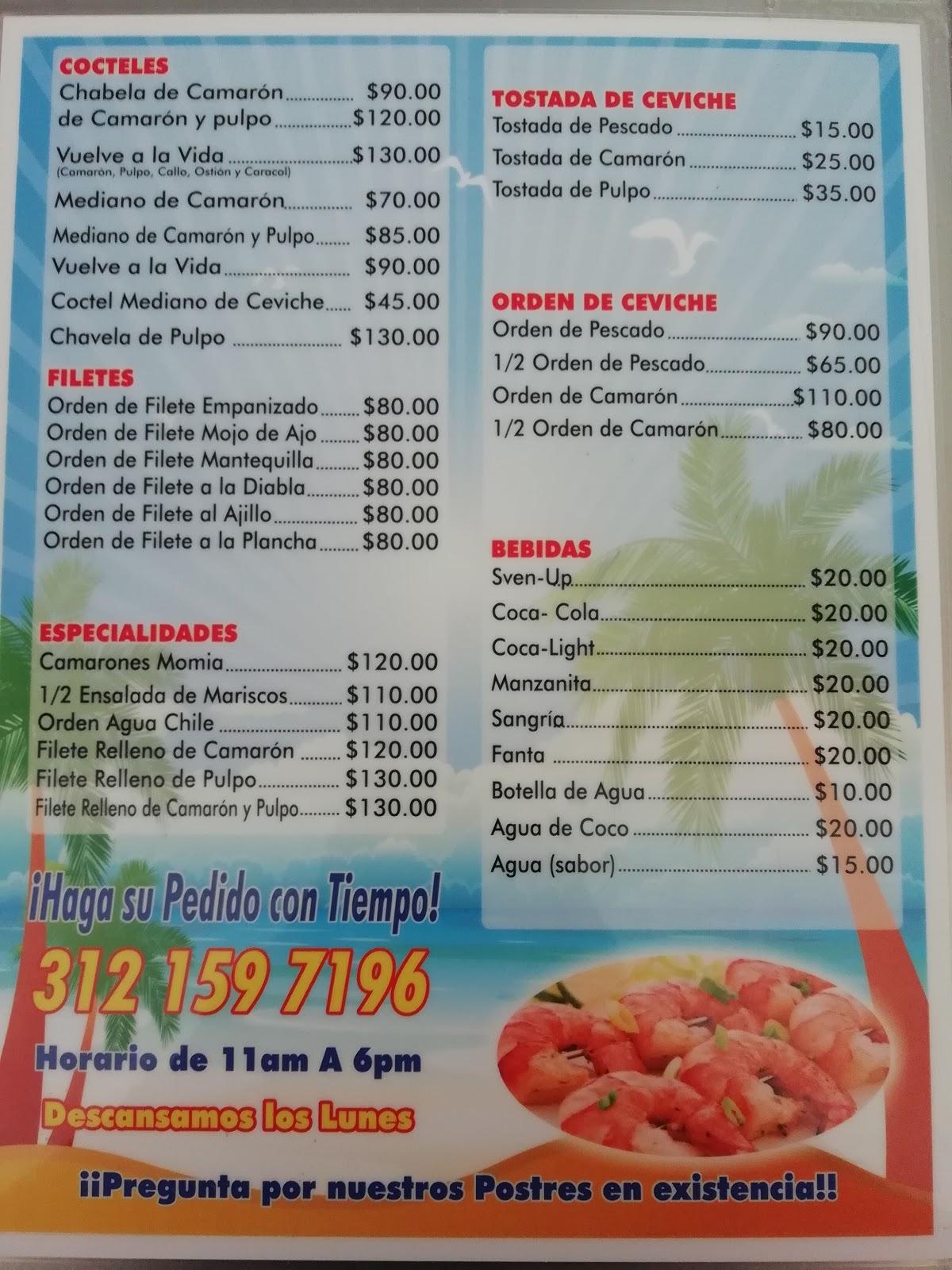 Menu at Mariscos Domínguez restaurant, Colima