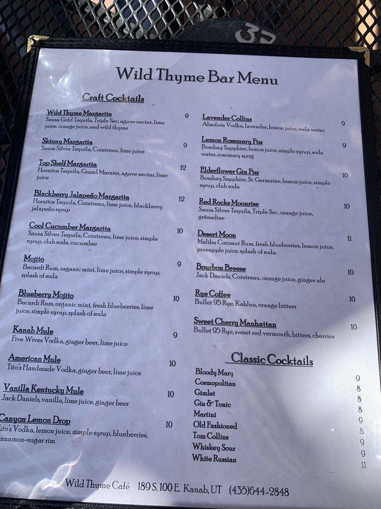Menu at Wild Thyme Cafe, Kanab