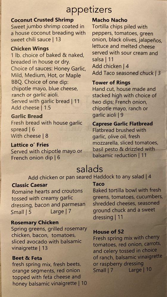 Menu at 52 North Pub & Grill, Campbellford