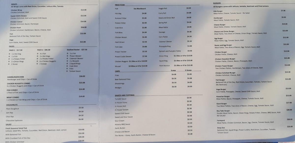 Menu at Bay Take Away restaurant, Takaka