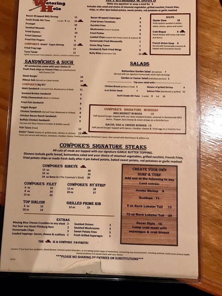 Menu At Cowpoke's Watering Hole Steakhouse, Sebring, US Hwy 27 S