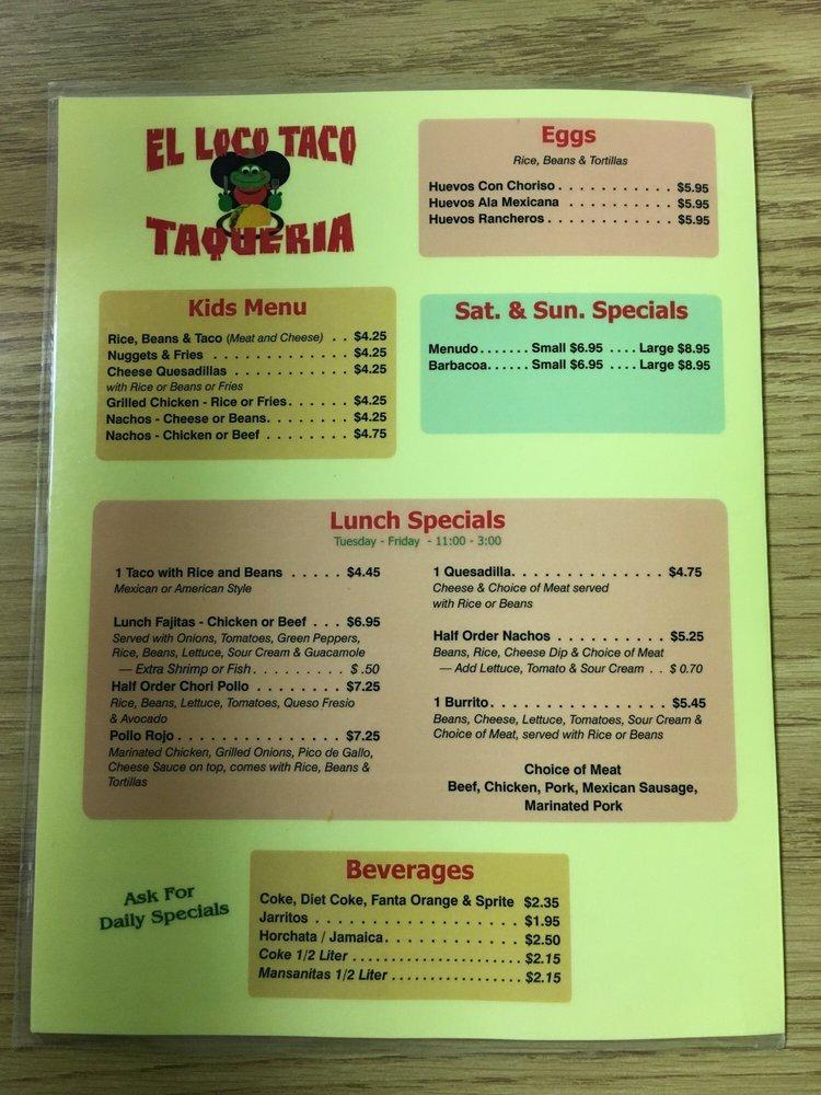 Menu at Tacos el Mariachi restaurant, Kingsport