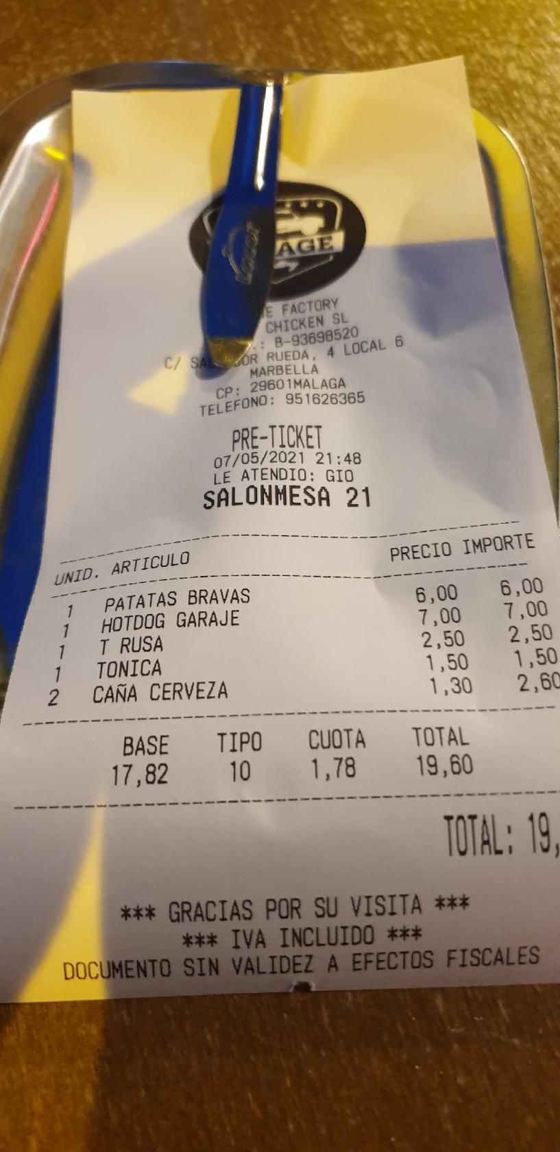 Carta del restaurante Garage Factory, Marbella
