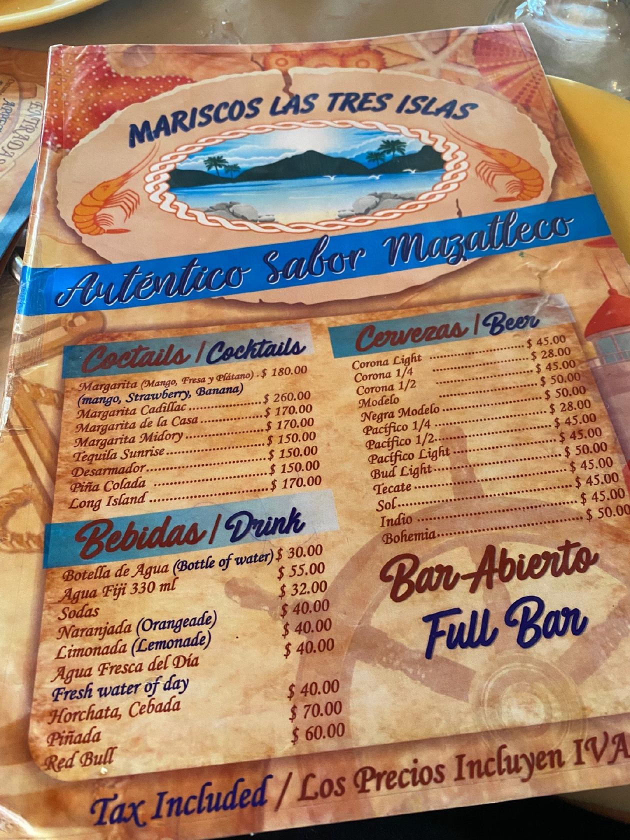 Carta del restaurante Mariscos Las Tres Islas, Cabo San Lucas, Revolución  del 1910 23469