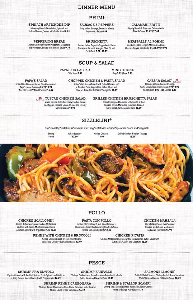 Menu at Papa Vino's Italian Kitchen restaurant, Saint Joseph