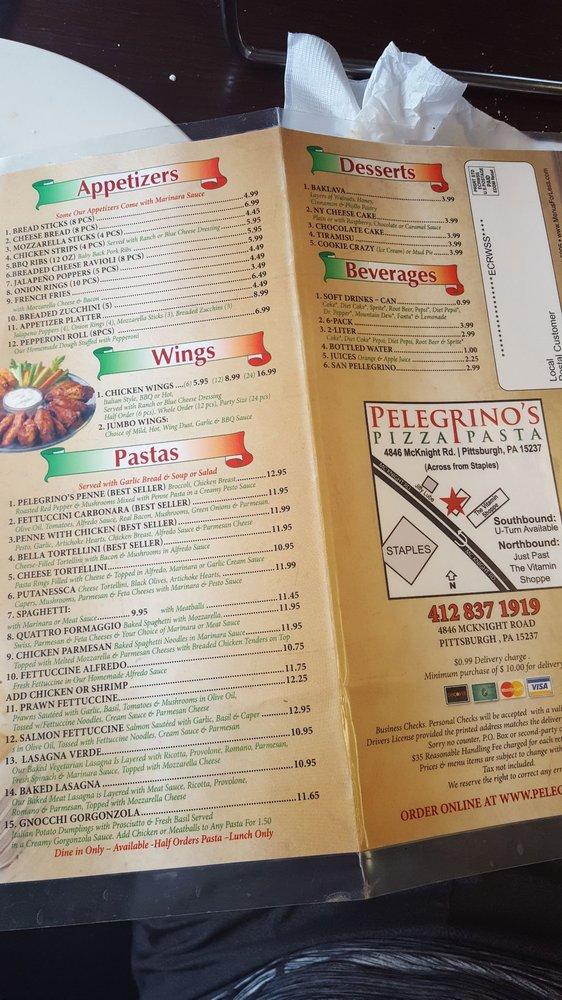 Menu at Pelegrino's Pizza & Pasta pizzeria, Pittsburgh