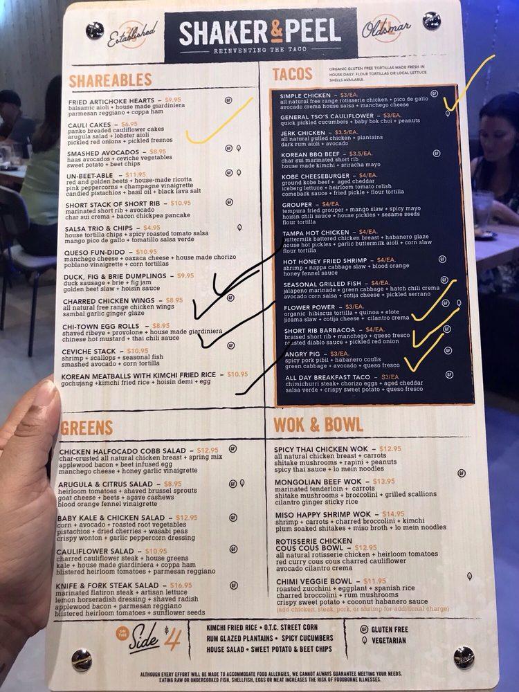 Menu at Shaker & Peel pub & bar, Oldsmar