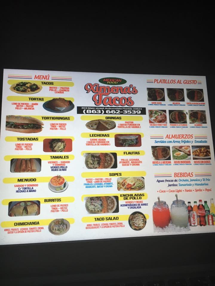 Menu at Ximena's Tacos, Mexican Food restaurant, Auburndale
