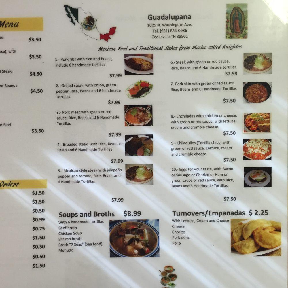 Menu at La Guadalupana restaurant, Cookeville