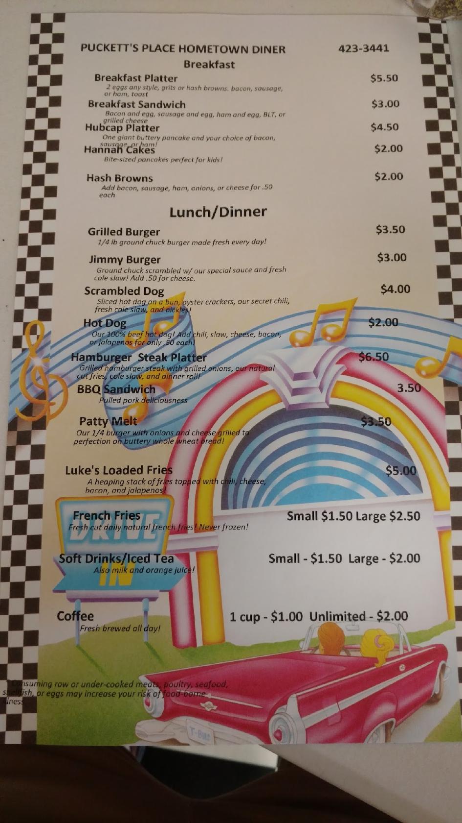 Menu at Puckett's Place restaurant, Fitzgerald