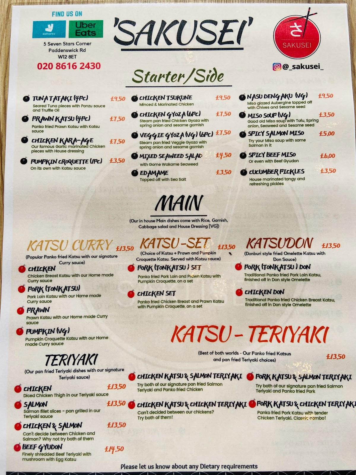 Menu at Sakusei (Bento Box,Katsu,Teriyaki,Japanese Curry,Sushi ...