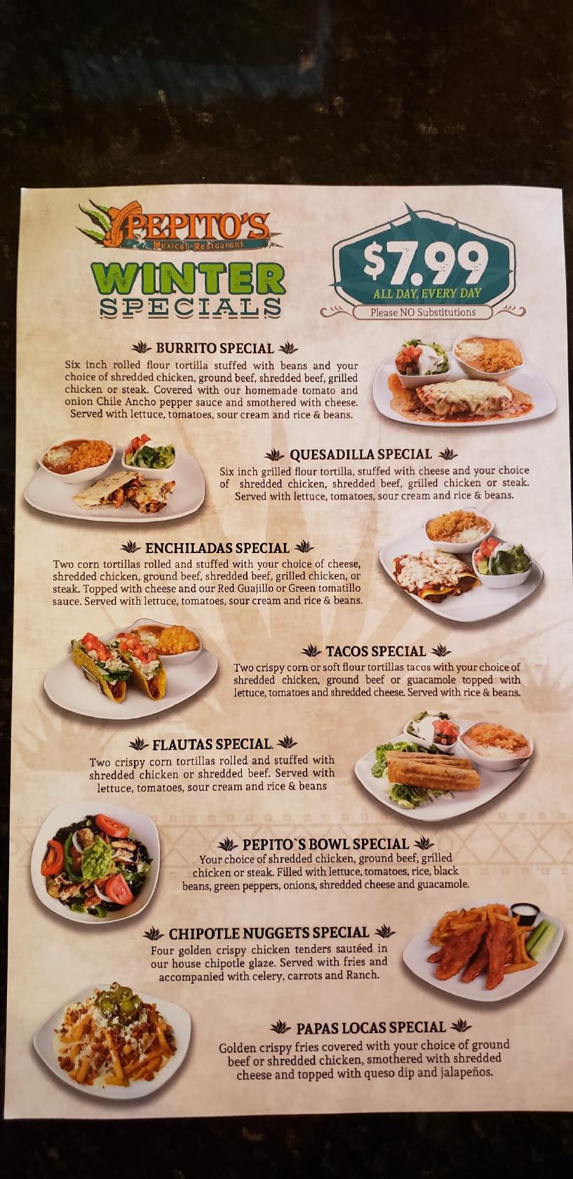 Menu at Pepitos Mexican Restaurant, Destin, Emerald Coast Pkwy