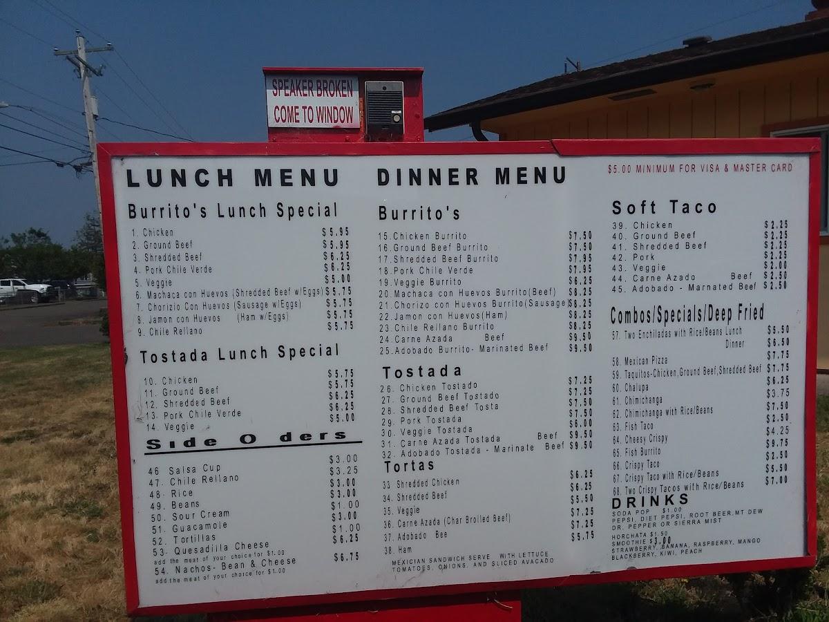Menu at Mexican Express restaurant, Reedsport