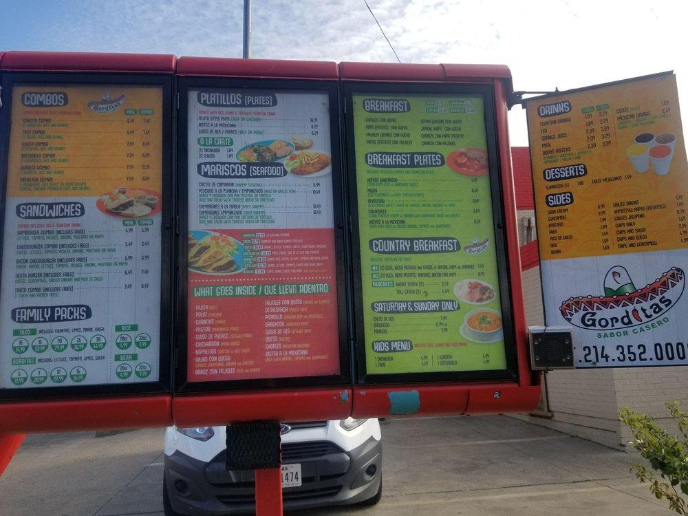 Menu at Gorditas restaurant, Dallas, Harry Hines Blvd