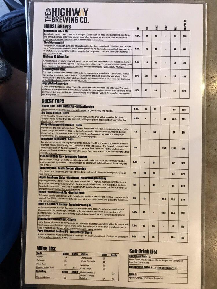 Menu at The Highway Brewing Co restaurant, West Branch