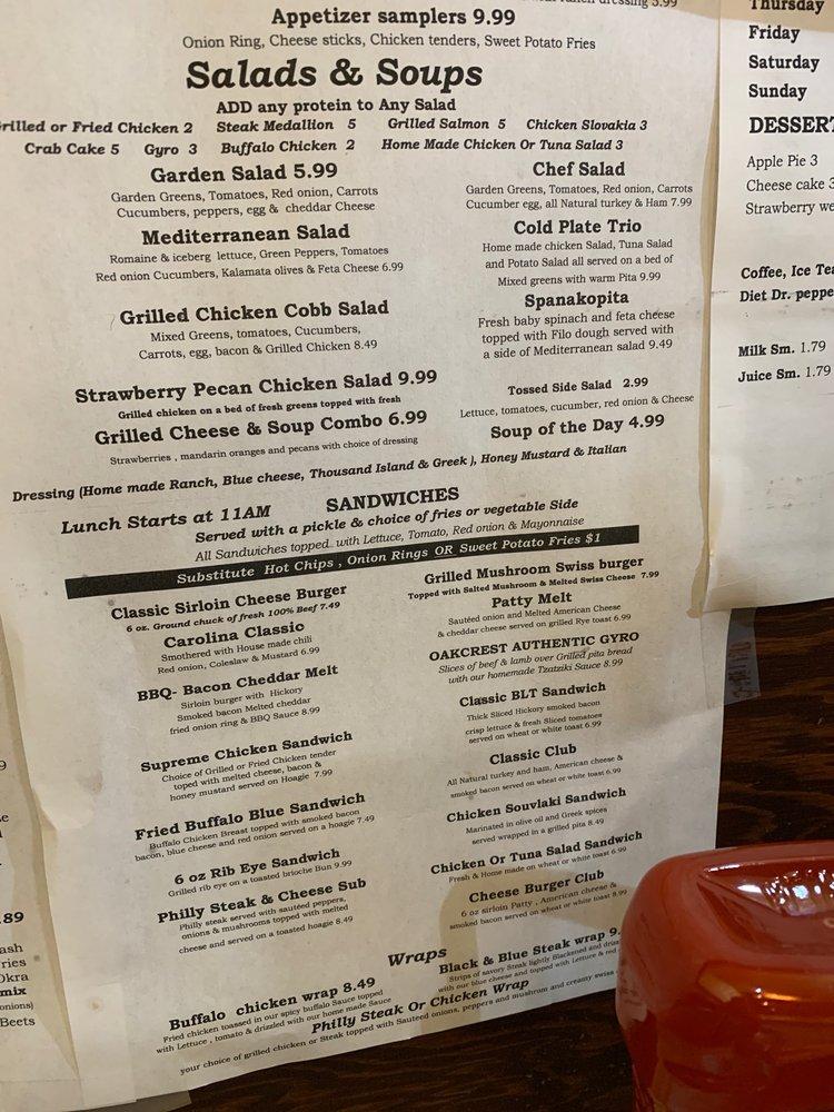 Menu at Oakcrest Family Restaurant, Greensboro, Battleground Ave
