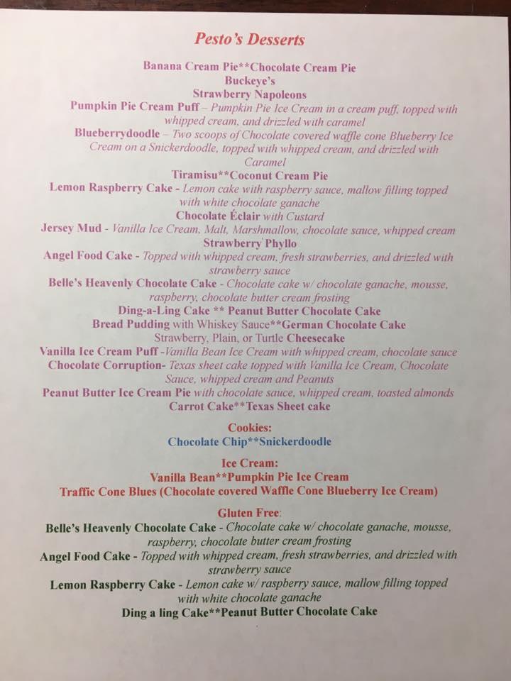 Menu at Pesto's restaurant, Flint