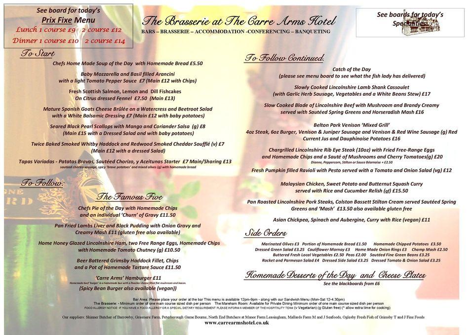 Menu at The Carre Arms Hotel and Restaurant, Sleaford