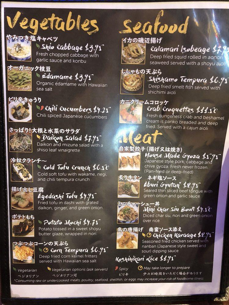 Menu at Wagaya restaurant, Honolulu