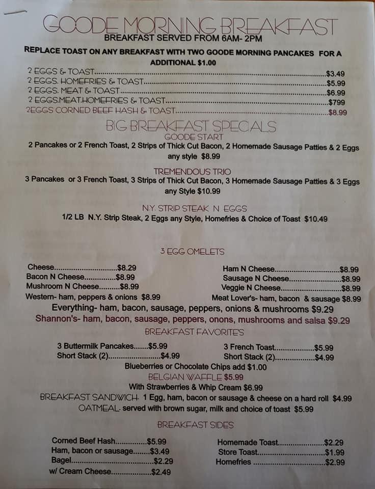 Menu at Goode's Family Restaurant, Collins