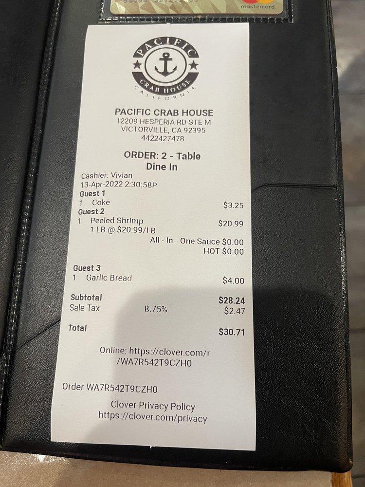 Menu at Pacific Crab House restaurant, Victorville