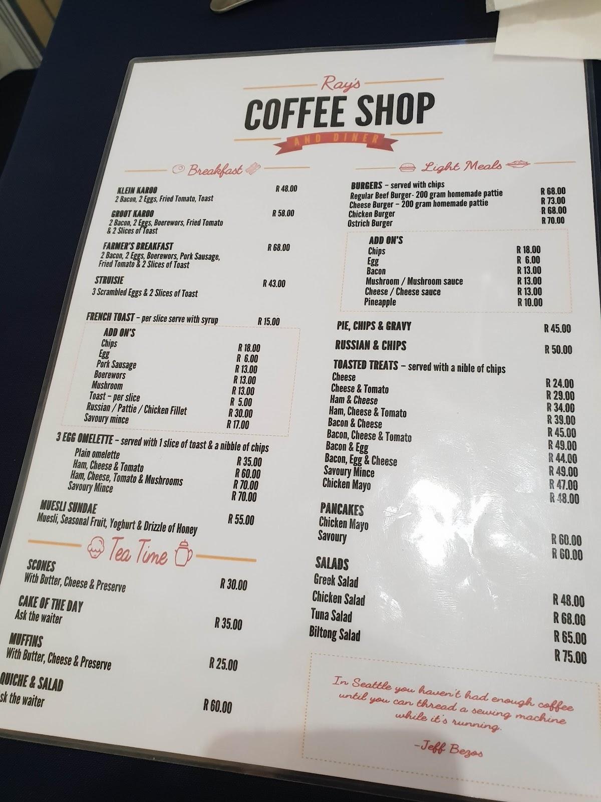 Menu at Ray's Coffee Shop cafe, De Rust