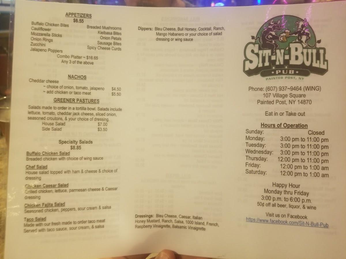 Menu at SitNBull Pub, Painted Post