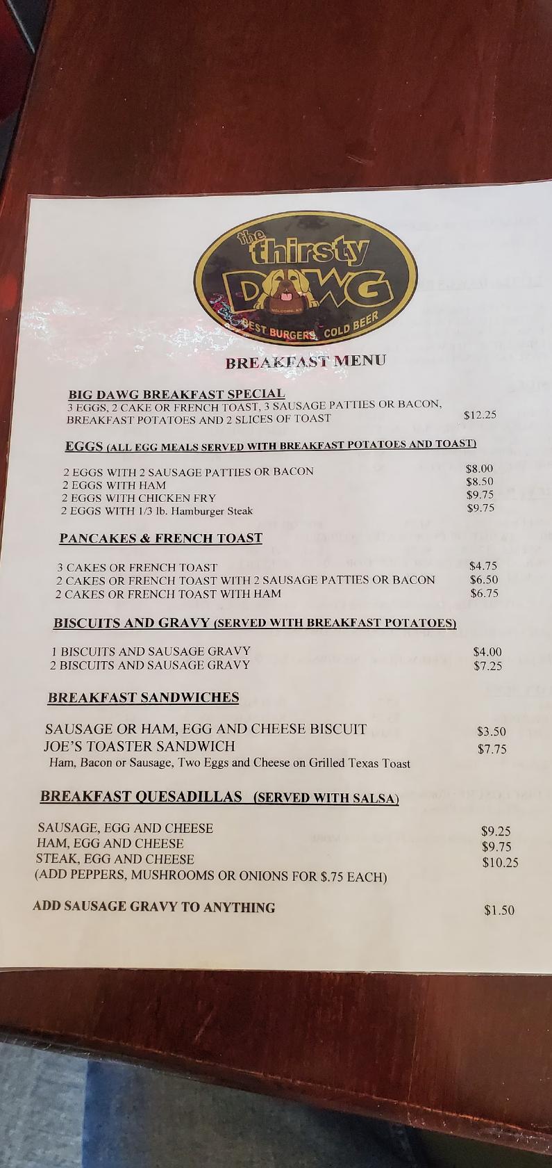 Menu at Thirsty Dawg Llc pub & bar,