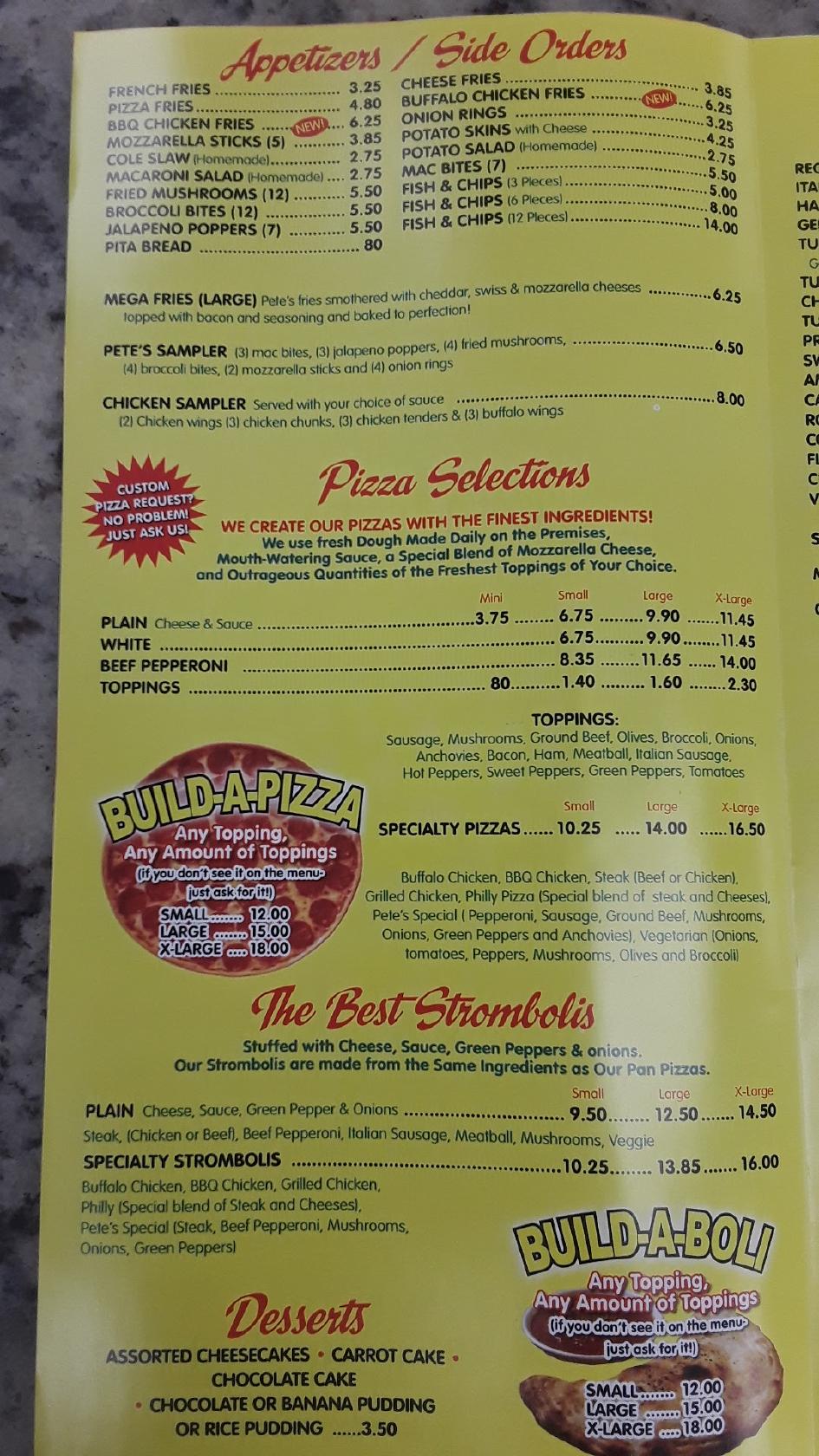 Menu at Pete's Pizza pizzeria, Philadelphia, Haverford Ave