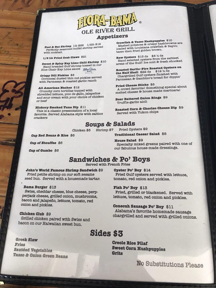 Menu at FloraBama Ole River Grill pub & bar, Perdido Key
