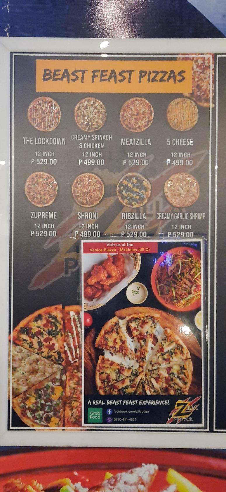 Menu at ZILLA PIZZA pizzeria, Taguig
