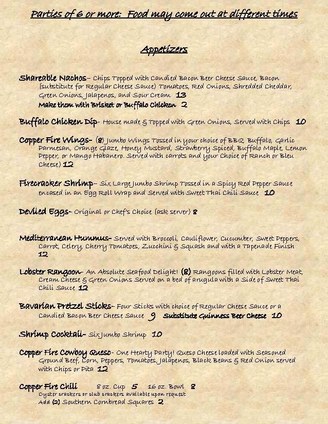 Menu at Copper Fire pub & bar, Belleville