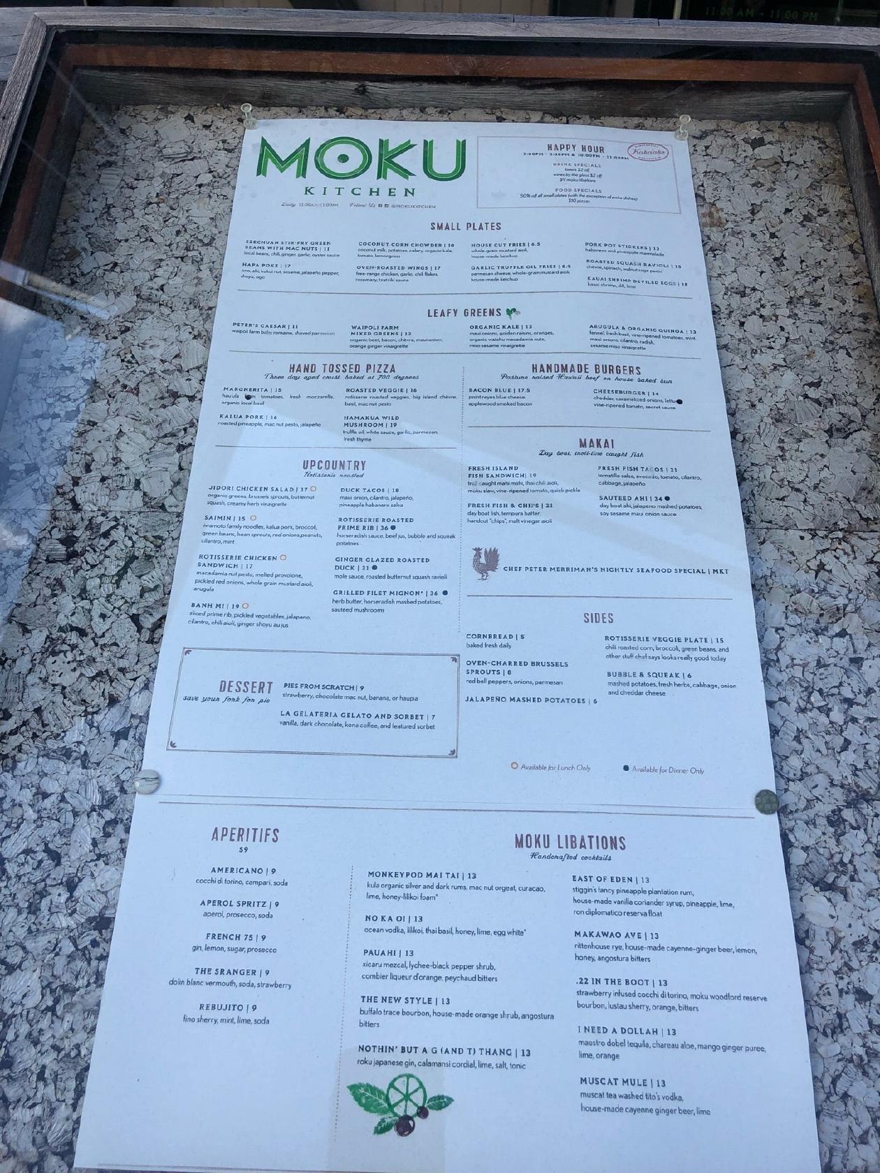 Menu at Moku Kitchen pub & bar, Honolulu