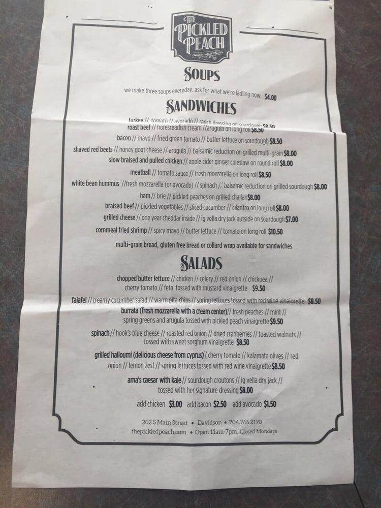 Menu at The Pickled Peach restaurant, Davidson
