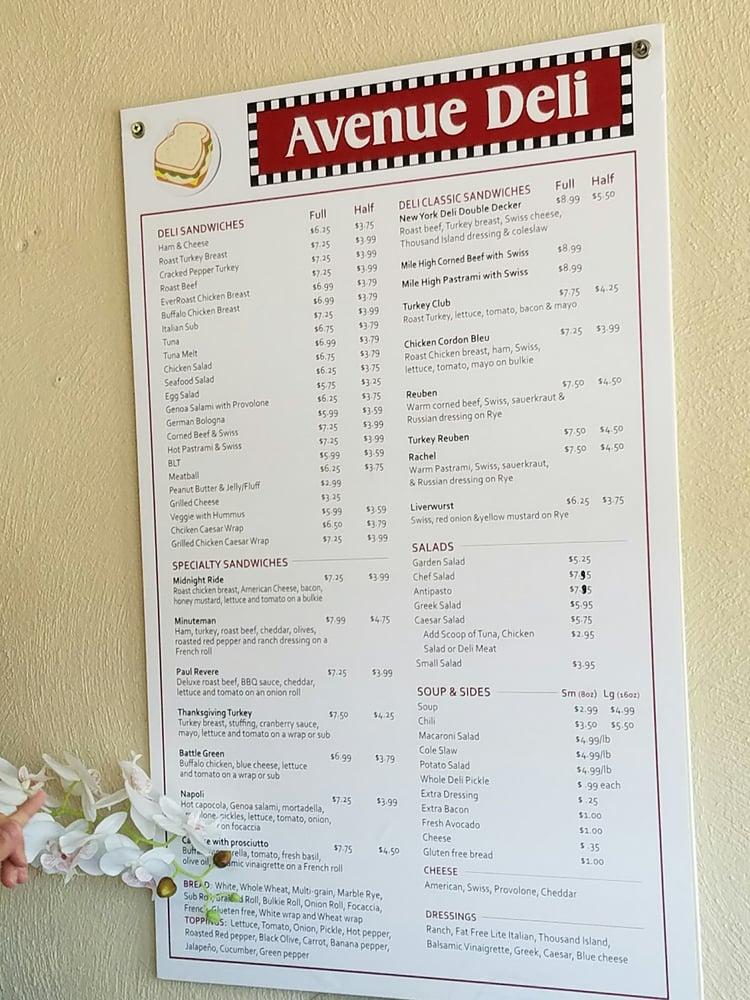 Menu at Avenue Deli restaurant, Lexington, Massachusetts Ave